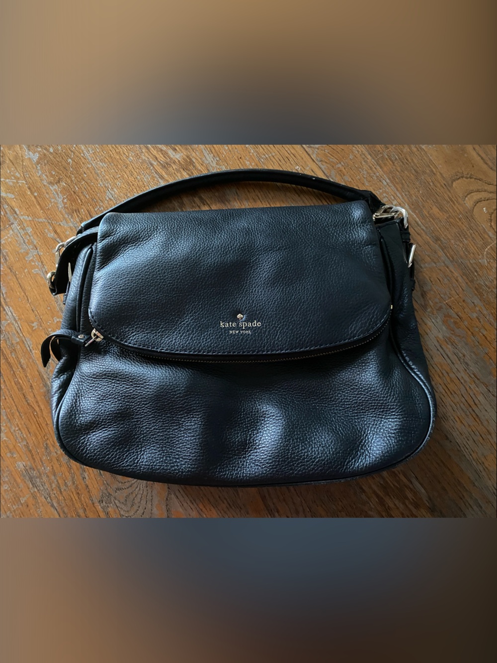 kate spade Black Pebbled Leather Messenger Bag with Gold Hardware